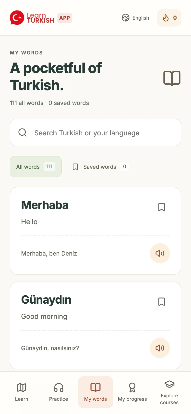 Turkish dictionary with word meanings, example sentences and audio controls