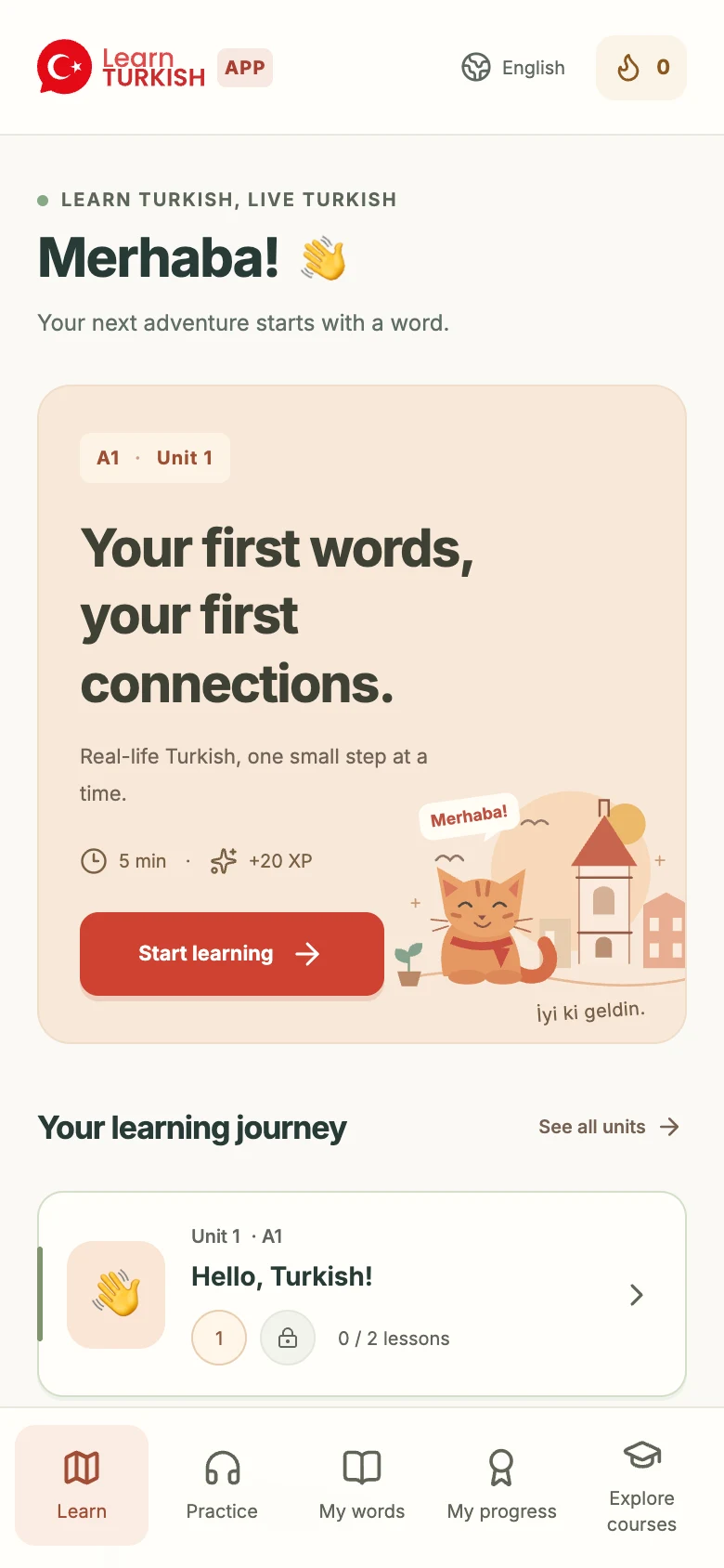 Learn Turkish app home screen with short lessons, a learning journey and daily practice